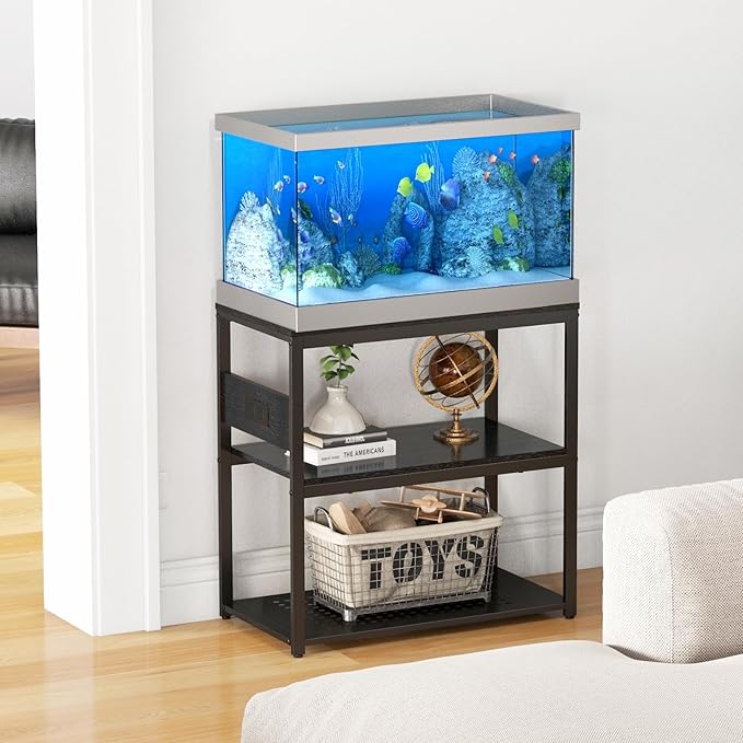 20-29 Gallon Fish Tank Stand with Power Outlets, 3-Tier Metal Aquarium Stand, Breeder Reptile Tank Stand with Shelf for Home Office, 660LBS Capacity, 29.5 x 15.8 x 30.1 inches, Black