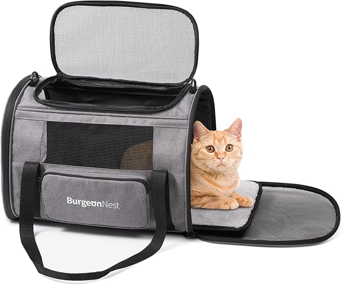 BurgeonNest Cat Carriers for Small Cats Under 15, Medium Puppy Under 25 lbs Large Pet 20 lbs Soft Sided Pet Carrier with Unique Side Bag (Medium, Grey)