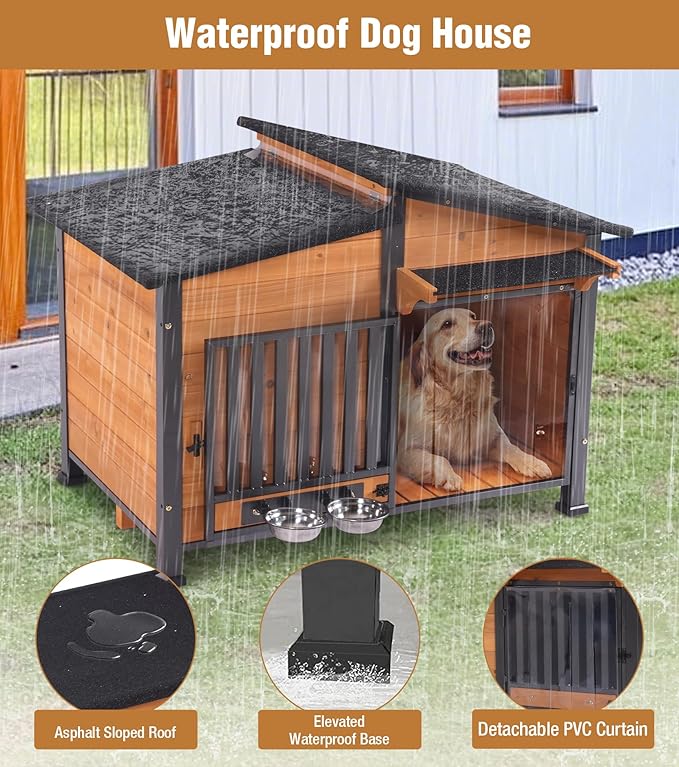 GUTINNEEN Heated Dog House Outdoor with Electric Heating Pad, Insulated Wooden Dog Kennel with 360° Rotating Feeding Bowl, Anti-Chewing Metal Frame, Natural Wood Color