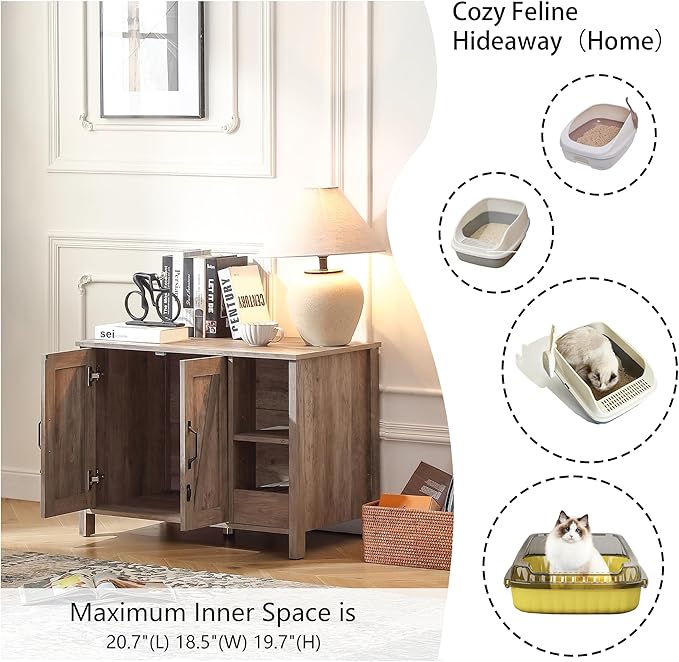 31.9'' Small Cat Litter Enclosure,Adjustable Shelf for Dog Proof and Storage,Locks Added for cat,Cat Litter Collector,Small Indoor Cat House,Grey