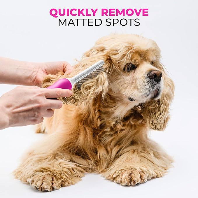Poodle Pet Detangling Pet Comb with Long & Short Stainless Steel Teeth for Removing Matted Fur, Knots & Tangles – Detangler Tool Accessories for Safe & Gentle DIY Dog & Cat Grooming (Pink)