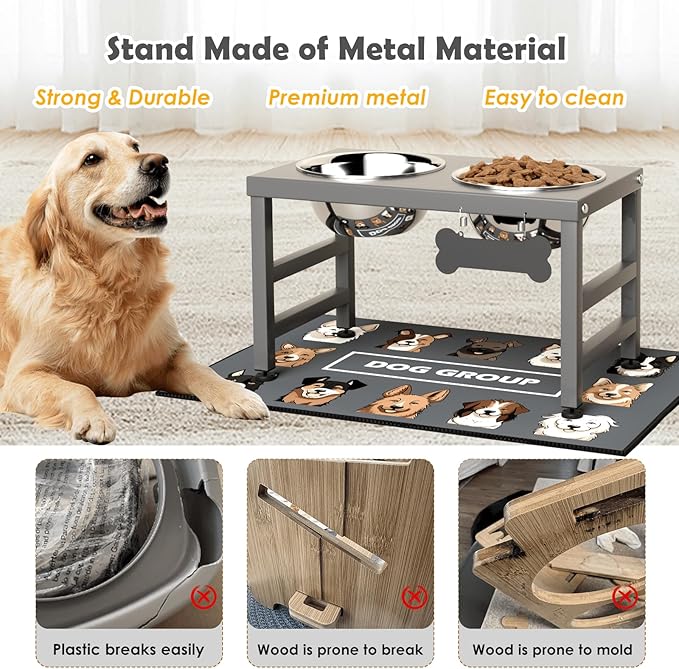 Elevated Dog Bowls, 10" Tall Height, Raised Bowl Stand with 2 Stainless Steel Food Feeder Bowls (58oz) and Spill-Proof Mat for Medium Large and Small Breeds, Grey