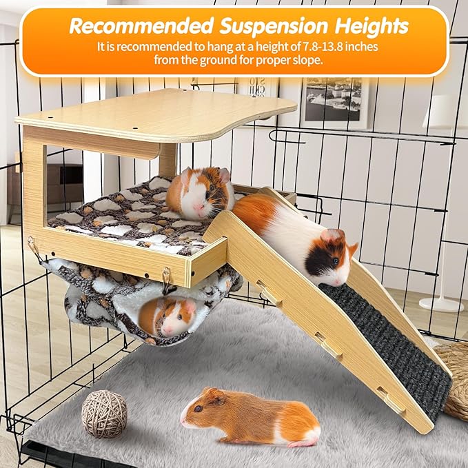 Guinea Pig Hideout，Natural Wood Removable Guinea Pig Bed, Small Animal Habitat with Hanging Hammock/Staircase/Cushion, Suitable for Small Animals to Hide, Rest, Play