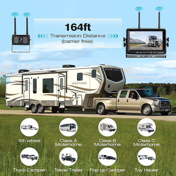 7 Inch Wireless RV Backup Camera System for Truck/Trailer/Camper/Bus, 1080P Dual/Quad Split Screen with DVR, Clear Night Vision, Support 4 Cameras, IP68 Waterproof Digital Wireless System
