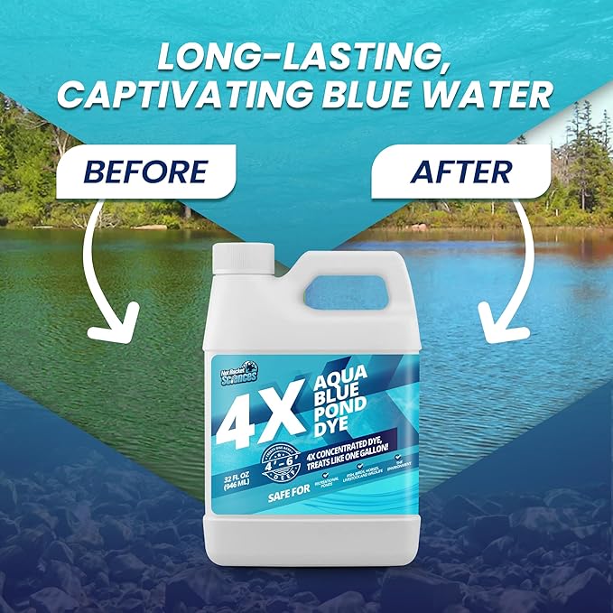 32oz Aqua Blue Pond Dye 4X Concentrate, Lake & Pond Dye Blue for Aqua Colored Water, Ideal Lake Colorant, Aquashade Colorant That Protects Against Sunlight - Ideal for Fish and Wildlife