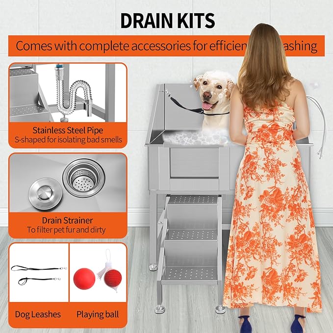 Dog Washing Station 38'' Stainless Steel Pet Grooming Tub for Large Dogs Over-Size Professional Dog Grooming Bathtub Station Wash Shower Sink Pet Grooming Bathtub Station,Left Door