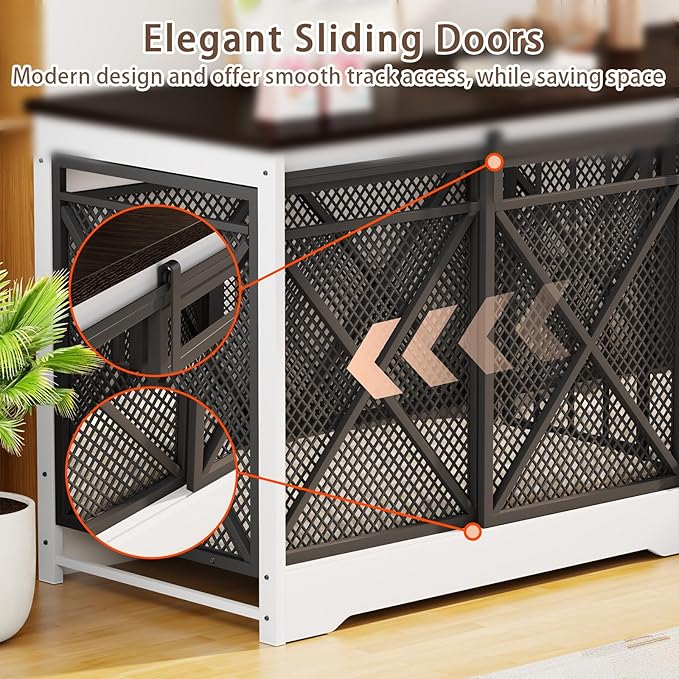 COZPAW 78 Inch Double Dog Crate Furniture, Extra Large Dog Kennel Indoor for Medium Large 2 Dogs, Heavy Duty Dog Cage Chew-Resistant Steel and Wooden Pet House with Removable Divider (White Brown)