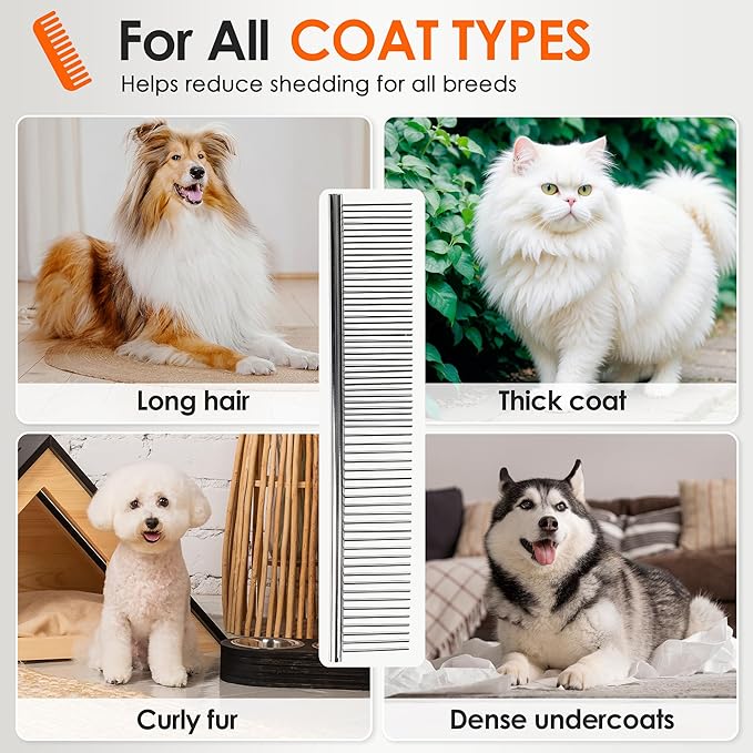 Dog Comb to Remove Tangles and Knots, Cat Comb with Stainless Steel Teeth and Non-Slip Handle, Dog combs for grooming matting for Long Haired Pets (Small)