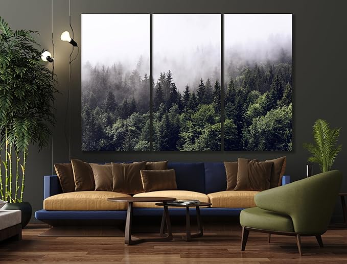 Nature Wall Art Prints - Ocean Forest Mountain Lake Canvas Landscapes - Small to Extra Large Living Room Bedroom Kitchen Bathroom Décor (Foggy Pine Forest, 31L" x 47W" - 3 Panels)