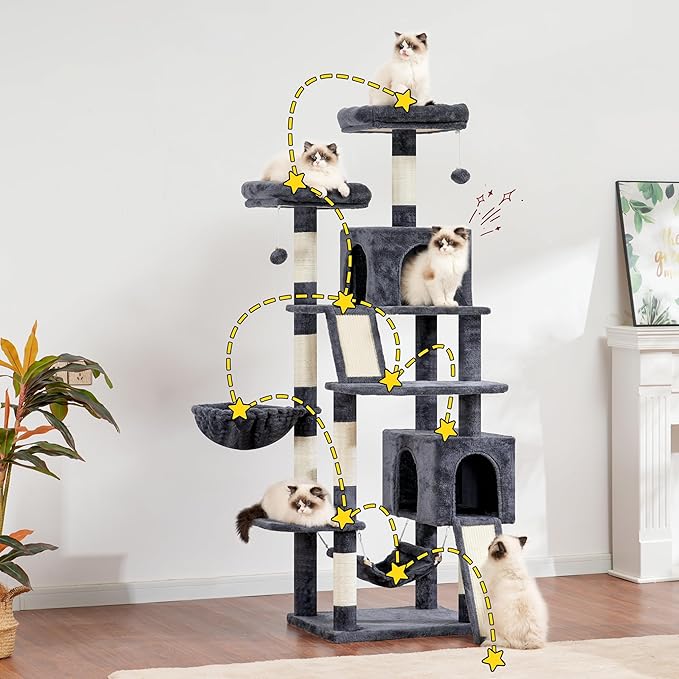 Cat Tree for Indoor Cats, 71'' (180cm) Multi-Level Cat Tower for Large Adult, Sturdy Cat Tree House with 2 Scratching Boards 7 Posts, 2 Plush Perches/Condos, Hammock, Smoky Gray GCT032G