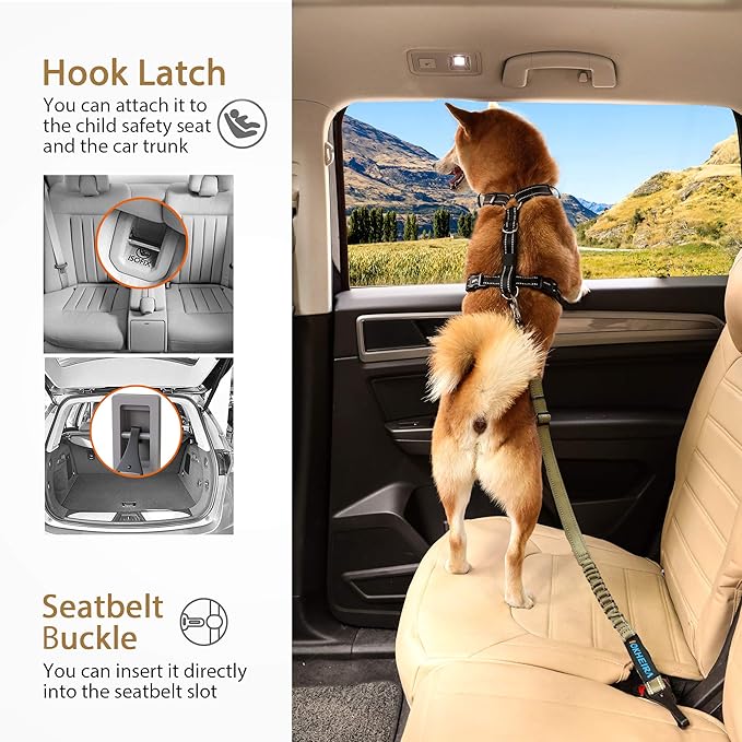 IOKHEIRA Dog Seatbelt, Universal Reflective Bungee Dog Car Harness with Hook Latch & Seatbelt Buckle, Swivel Aluminum Carabiner, Green