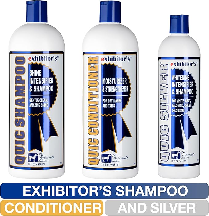 exhibitor's Quic Silver System Includes Quic Shampoo Quic Conditioner 32 Ounce Each Plus Quic Silver 16 Ounce for Dogs, Horses, Greys, Palominos, Cream Color Coats Silver Ash Highlights