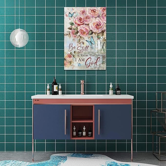 Farmhouse Rose Wall Art Christian Scripture Pictures Pink Rose Wall Decor Rustic Floral Butterfly Canvas Print Painting Artwork for Bathroom Living Room Bedroom 16"x24"