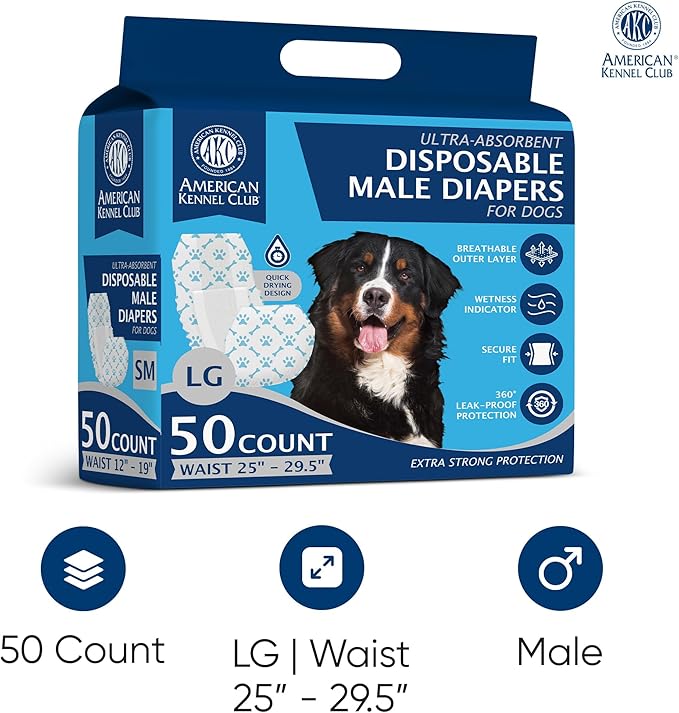 American Kennel Club Male Dog Wrap, Disposable Diapers with Wetness Indicator, Large, 50 Count (Pack of 6)