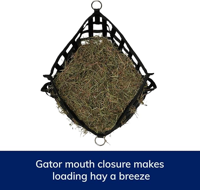 SmartEquine Slow Feed Hay Bag for Horses | Hay Feeder Net with Resistant Nylon | Gator Mouth Enclosure for Easy Loading | Fits 10-15 lbs of Hay | 4 Flakes Bag | 37" x 30" | Black | 2" Holes