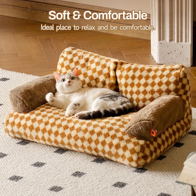 MEWOOFUN Cat Bed for Indoor Cats, Washable Dog Beds for Small Medium Dogs & Cats, Fluffy Cat Couch with Non-Slip Bottom, 26×19×13 Inch (Brown, 26.0" L x 19.0" W x 13.0" Th)