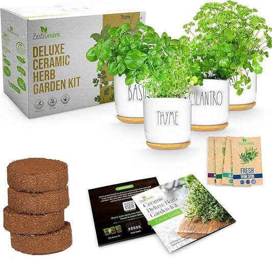 Deluxe Ceramic Indoor Herb Kit 4 Set. Variety Herbs for Indoor & Outdoor – Get Growing with Pots, Potting Soil for Window Herb Garden. (Ceramic Edition)