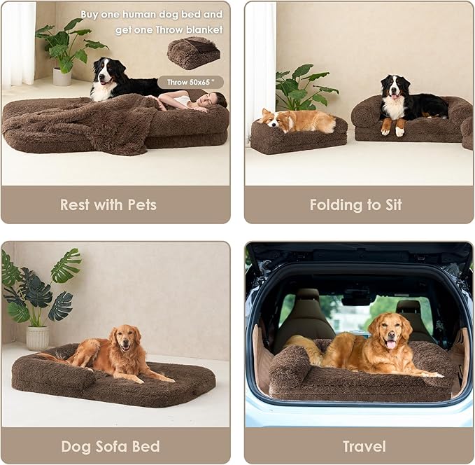 EHEYCIGA Foldable Dog Bed, Faux Fur Fluffy Dog Couch Bed, Orthopedic Calming Memory Foam Pet Bed for Small Dogs, Washable Soft Warm Pet Sofa Bed with Non-Slip Bottom, Brown, 40"x30"x6"