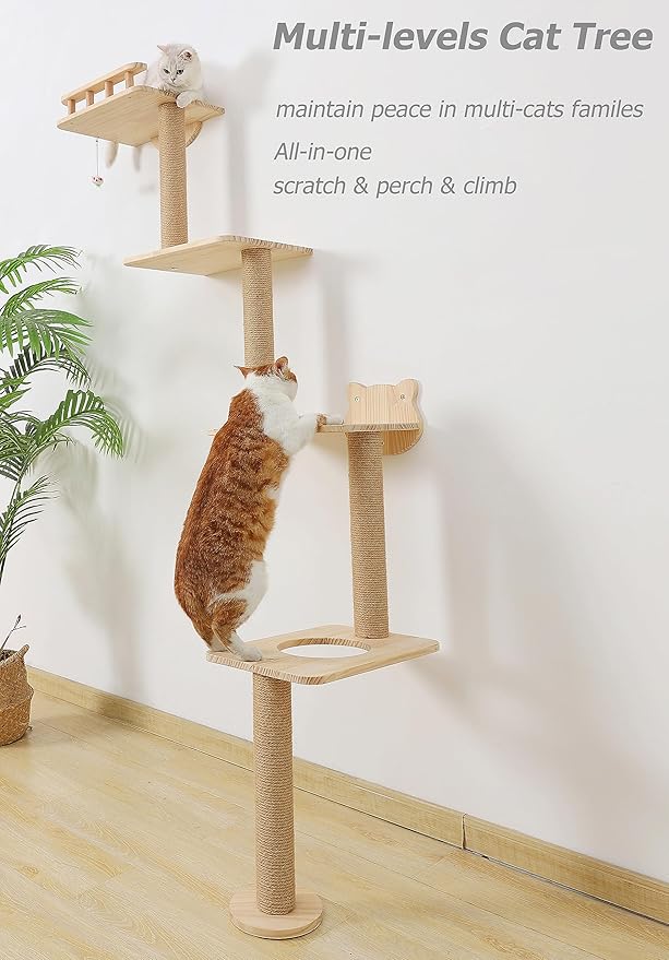 Cat Tree Wall Mounted with 4 Levels Shelves, 73" Wood Corner Tower Inside Kitten Scratching Post for Climbing,Perching and Lounging (Right to Left)