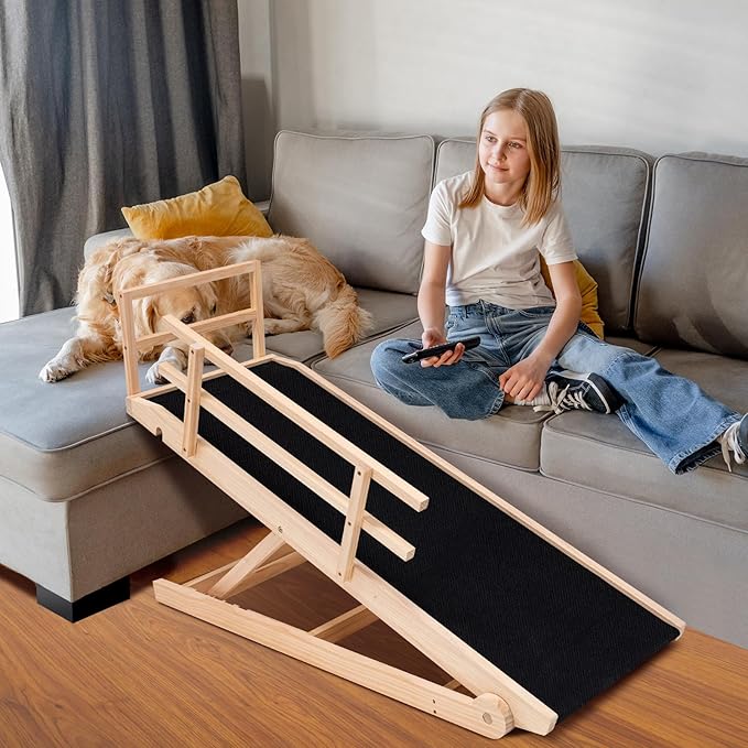 Dog Ramp for Bed, Adjustable Pet Ramps for Dog to Get on Bed, Non-Slip Rubber Surface - Folding Wooden Dog Ramp for Small/Large/Old Dogs, Adjustable up to 23.5 inch High Beds, Safety Railings