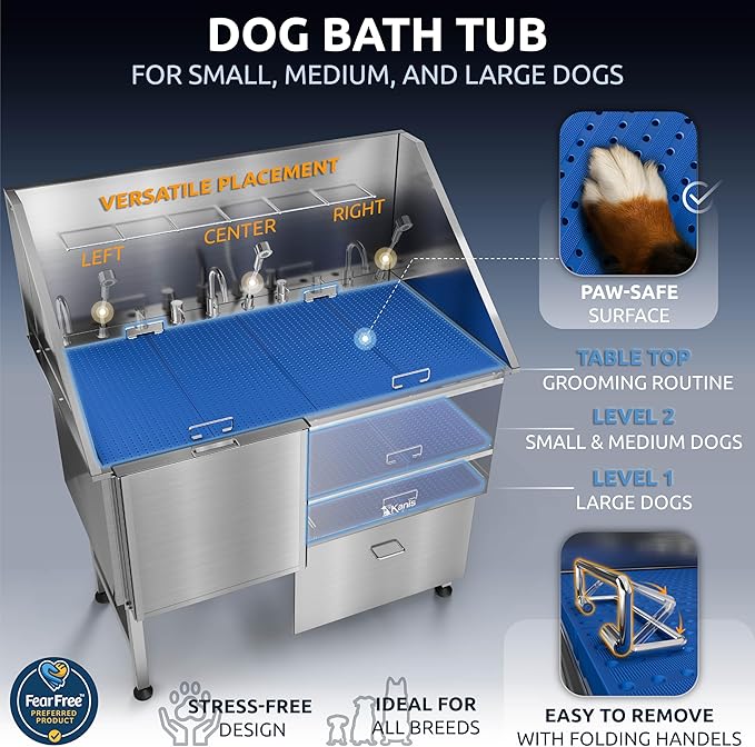 KANIS Professional Dog Washing Station - 304 Stainless Steel Pet Wash Sink & Grooming Bath Tub for Home with Ramp, Shower, Floor Grate, Storage Drawer, Faucet, Drain Kit for Large, Medium & Small Pets