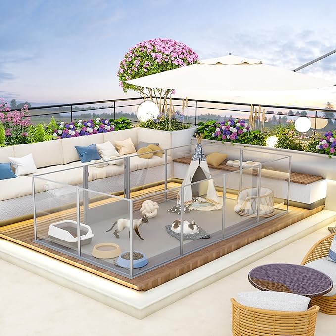 Dog Clear Playpen Fence Kennel: 10Panels Indoor Transparent Whelping Box Pen Cage with Waterproof whelping pad - Extra Long Acrylic Exercise Kennel with Metal Frame for Cats Puppy Rabbits Guinea Pig