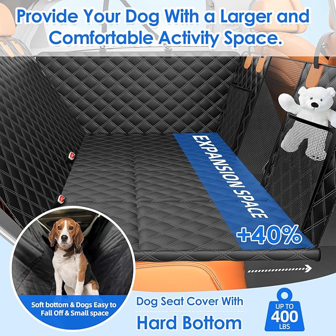 Back Seat Extender for Dogs with Hard Bottom/Large Space, Waterproof Dog Car Seat Cover Holds 400lbs, Sturdy Nonslip Pet Backseat Hammock for Cars/SUV