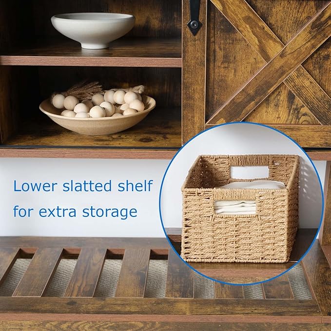 Entryway Table with Storage, Farmhouse Buffet Cabinet Coffee Bar Kitchen Island with Sliding Barn Doors & Shelves, Console Table for Kitchen, Dining Room, Living Room, Brown