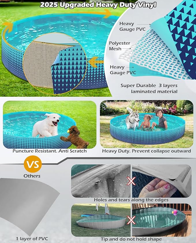 Jasonwell Foldable Dog Kiddie Pool - Hard Plastic Kids Paddling Pool Toddler Baby Swimming Pools for Backyard Collapsible Whelping Box Pet Doggie Cats Wading Pools Bathtub for Puppy Large Dogs 63In