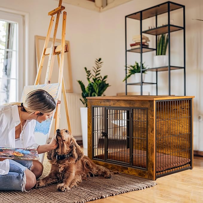 Bigrab Dog Crate Furniture with Thick Cushion, Side End Table Wooden Dog Cage with Double Doors, Chew-Resistant Dog Kennel Dog House Indoor for Small to Large Dog, M