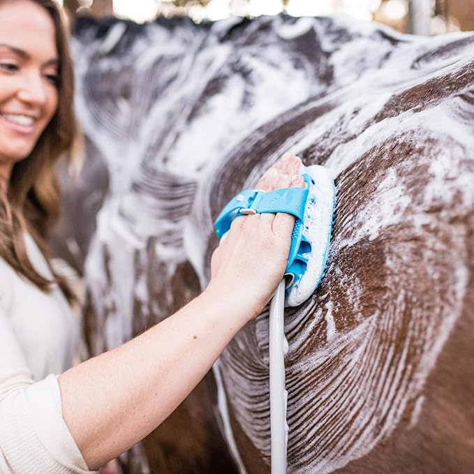 Aquapaw 5-in-1 Horse & Dog Bath Brush & Curry Comb - XL Blue Silicone - Includes 3-ft Shower Hose Attachment & Adapter - Adjustable Spray Scrub Massager - Dog Grooming Supplies