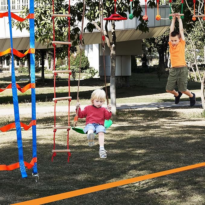 VEVOR Ninja Warrior Obstacle Course for Kids, 1 x 50 ft Weatherproof Slacklines, 500lbs Weight Capacity Monkey Line, Outdoor Playset Equipment, Backyard Toys Training Equipment Set with 10 Obstacles