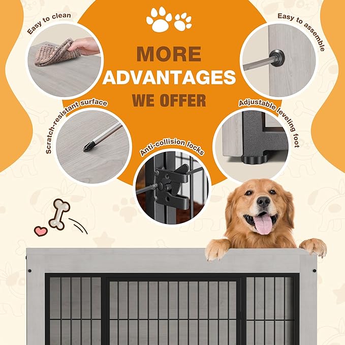 Bigrab Dog Crate Furinture with Thick Cushion, Side End Table Wooden Dog Cage with Double Doors, Chew-Resistant Dog Kennel Dog House Indoor for Small to Large Dog, M (Grey)