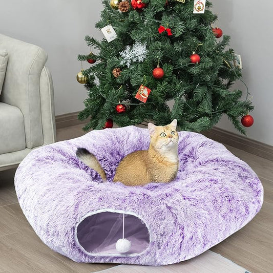 AUOON Cat Tunnel Bed for Indoor Cats - Circle Peekaboo Cat Cave with Washable Mat for Indoor Cats Kitten Kitty Puppy Rabbit Ferret (Purple)