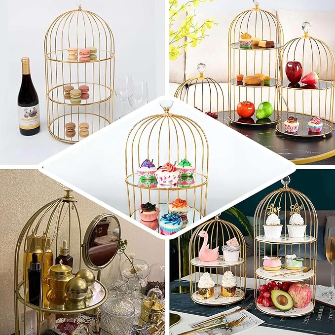 Efavormart 22" - 3 Tier Crystal Mirror Top Gold Metal Bird Cage Cupcake Cake Stand, Dessert Display for Wedding, Party, Birthday, Baby Shower Celebrations, Home Decorations