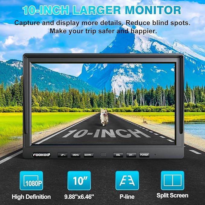 Fookoo HD 1080P 10" Wireless Backup Camera, 10-inch Dual/Quad Split Monitor, Supports 4 Cameras, IP69 Waterproof Rear View Camera Parking Lines, Recording w/ 32GB SD Card for RV/Trailer/Truck (DW101)