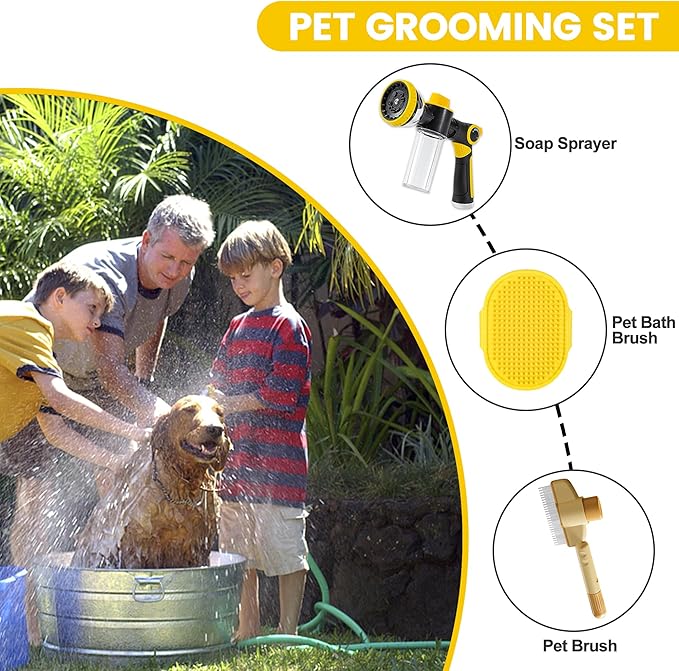 Dog Washing Hose Attachment, 10-in-1 Soap Sprayer Moden Garden Hose Nozzle with 100cc Soap Dispenser, Dog Wash Supplies with Dog Bath Brush & Pet Comb, Foam Gun Car Wash Sprayer (Yellow)