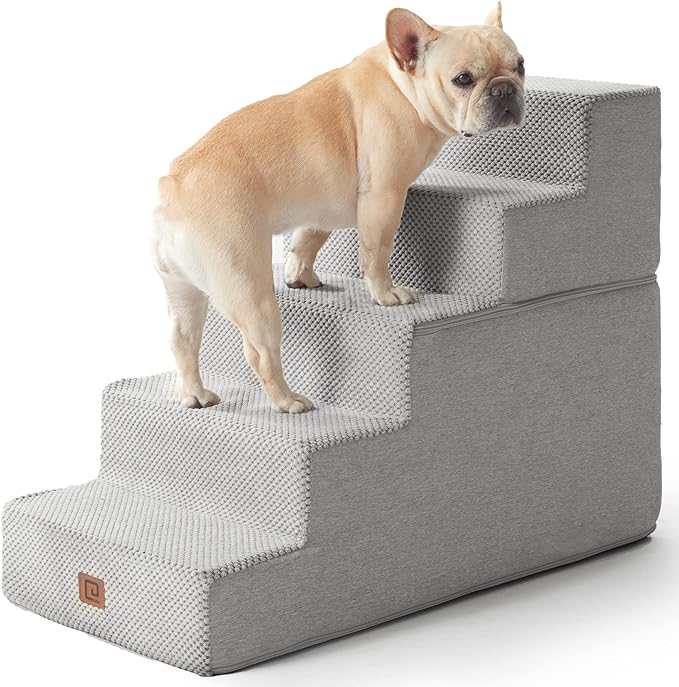 EHEYCIGA Dog Stairs for High Bed 22.5" H, 5-Step Dog Steps for Bed, Pet Steps for Small Dogs and Cats, Non-Slip Balanced Pet Ramp Indoor, Light Grey