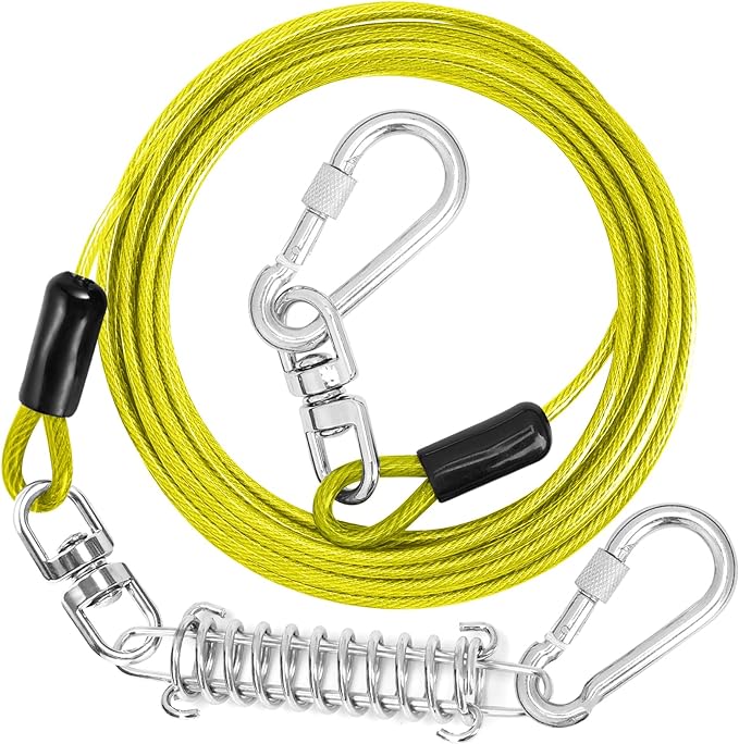 Jenico Dog Tie Out Cable, 10-150FT Runner Cable with Swivel Hook and Shock Spring, Yard & Camping Dog Leash Tether for Small to Medium Pets Up to 500 LBS
