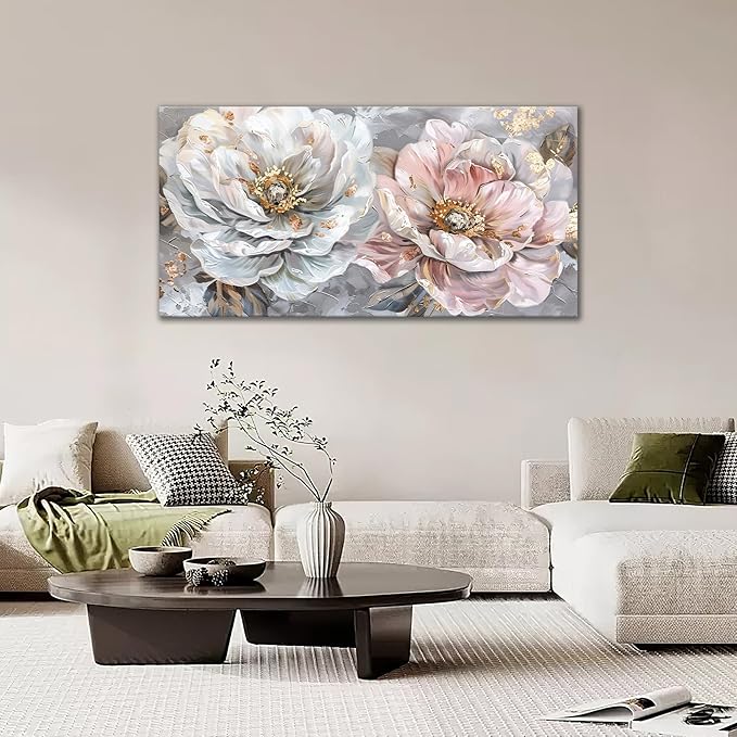 Extra Large Flower Wall Art Pink and White Floral Canvas Living Room Golden Pictures Framed Prints Oversize Wall Decor Big Painting Artwork for Bedroom Dining Office Home 60"x30"