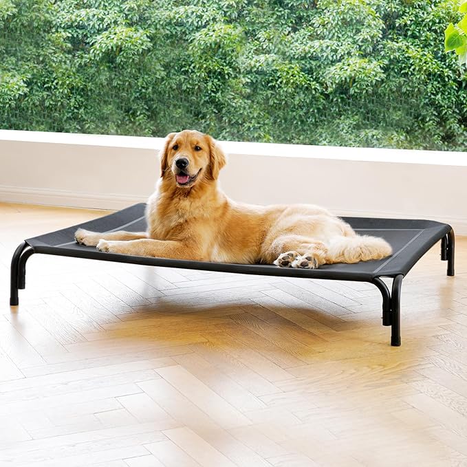 Elevated Dog Bed Raised Outdoor Dog Cot for Large Dogs, Installation Requires No Tools, Frame with Washable Cooling Breathable Mesh Anti-Slip Feet, Indoor Pet Bed, Black, 43.3 Inches