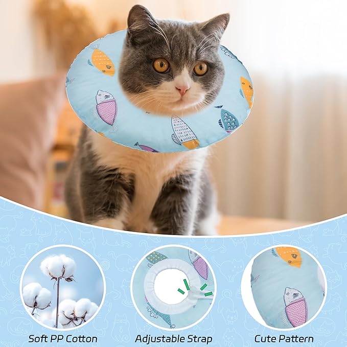 Cat Cone Collar Soft, Kitten Spay Soft Cones to Stop Licking, Cat Neck Donut Pillow After Surgery, Kittens Protective Collar After Spay, Cute Recovery Cone for Cats (Blue Fish, Small)