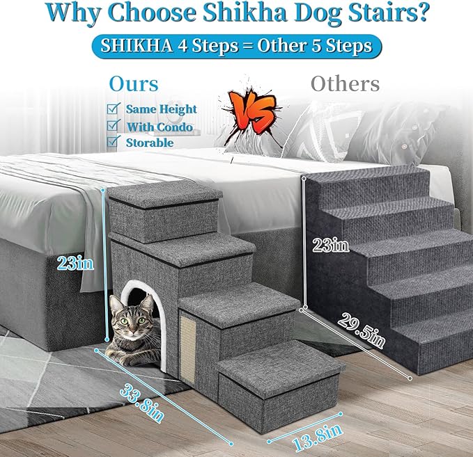 Dog Stairs for Bed and Couch 23“H, Foldable Dog Stairs for Small Older Dogs, 4 in 1 Adjustable Pet Cat Steps Ramps with Storage, Condo, Cat Scratcher, Hold Up to 180LBS, 4 Steps