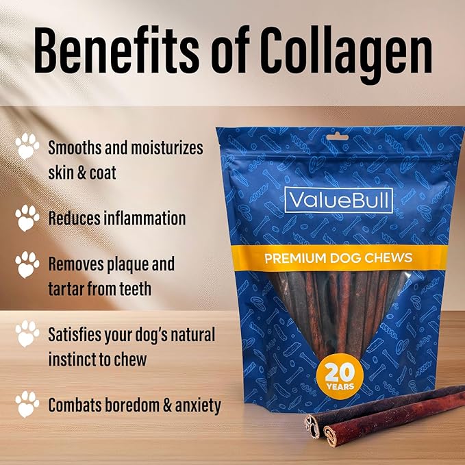 ValueBull Collagen Sticks for Dogs, 12 Inch Thick Chews, Natural Long-Lasting Dog Treats, 200 Count Bulk Pack - Supports Joints, Skin & Coat with Chondroitin & Glucosamine