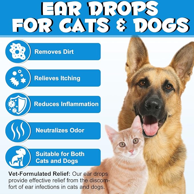 Ear Infection Treatment Drops for Dogs and Cats, Pets Ear Cleaning Solution Drops with 1% Hydrocortisone Soothing Dog Yeast Infection, Itchy Ear Relief, Pet Ear Care Supplies for Dogs & Cats - 2 fl oz