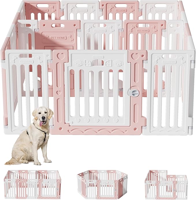 2 Room Dog Playpen with Door,DIY Shape Combination Puppy Pen,16-Panel+2 Link Piece+Large Door+Small Door,25.5" H Dog Fence,Non-Slip&Secure Pet Gate,Easy to Assemble,Pink + White