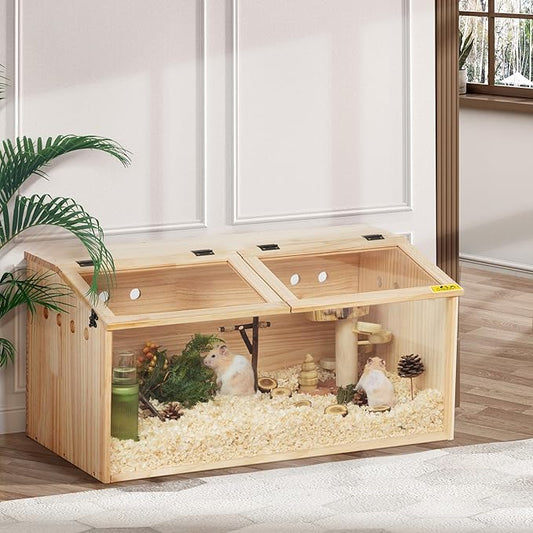 COZIWOW Wooden Hamster Cage, Large Hamster Habitats Enclosure with Acrylic Window & Openable Top, (32" L x 16" W x 16" H) Small Animal Cage for Guinea Pig, Chinchilla, Gerbil