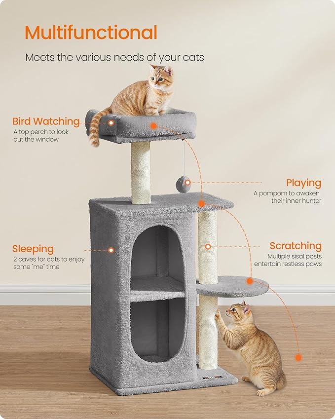Feandrea Cat Tree Tower with 2 Caves for Multi-Cat Households, Kittens, Scratching Posts, Light Gray UPCT005G01