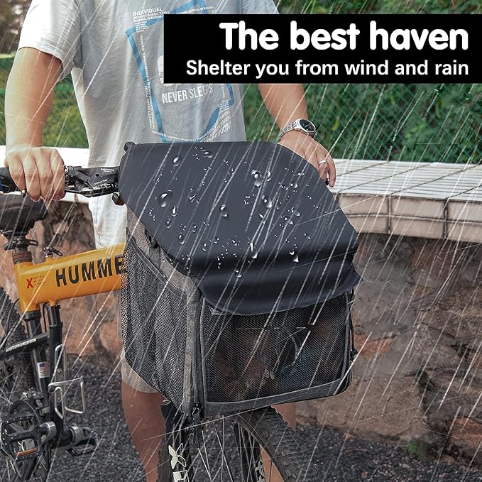 Dog Bike Basket Carrier, Pet Bicycle Front Carrier Backpack for Bike Riding Foldable Removable, Reflective Strips, 2 Side Storage Pockets, Pet Travel Bag for Cats Small Dogs