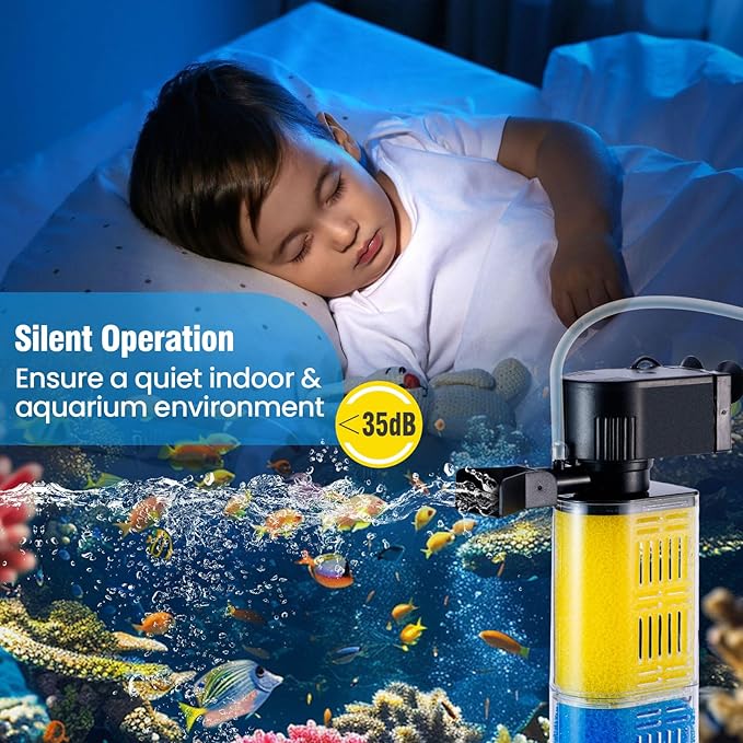 Aquarium Filter for 30-100 Gallons, Ultra-Quiet Fish Tank Filters Biochemical Filtration 400GPH Powerful Pump Submersible Sponge Filter for Large Fish & Turtle Tanks Water Clear Air Supply (18W)